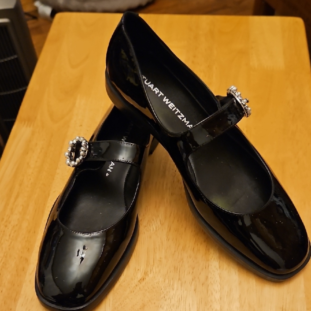 Stuart Weitzman Black Patent Mary Jane Flats with Crystal Buckle Accent